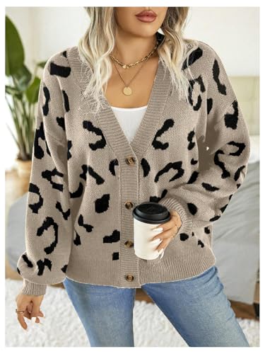 Image of Verdusa Women's Plus Size Cardigan Sweaters Open Front Button Down Leopard Cardigan Long Sleeve Oversize Winter Outfit Apricot Large Plus