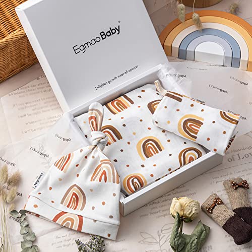 Baby Swaddle Blankets Set With Matching Hat And Drool Cloth Organic Cotton Muslin Blanket Soft Newborn Wrap Receive Blanket Photography Prop Large 47 * 47 Shower Gifts For Boys Girls(Rainbow) #TOP2