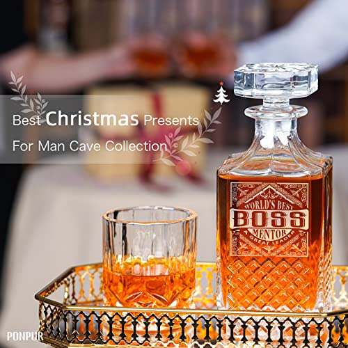 Image of PONPUR Boss Gifts for Men, Decanter Set with Stones & Glasses, Best Boss Day Birthday Gift, Office Farewell Gifts for Boss, Mentor, Manager, Leader, Unique Christmas Presents