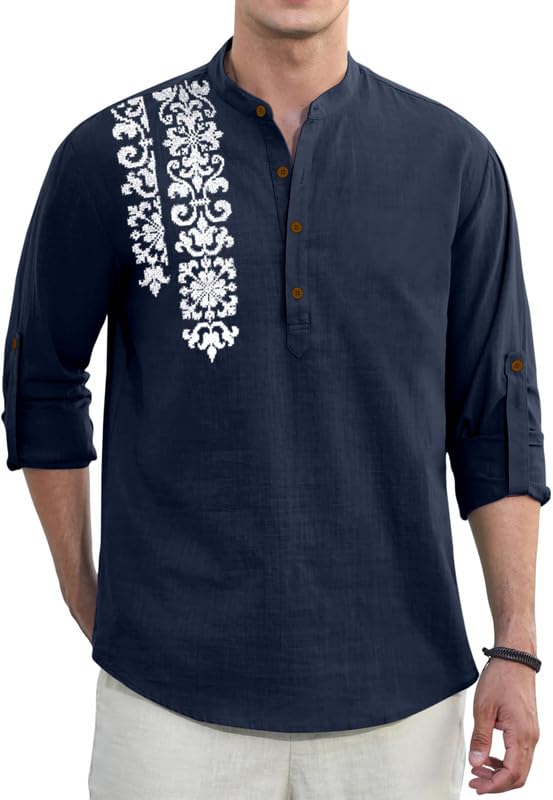 Image of Macsivo Cotton Blend Solid Casual Short Kurta for Men Long Sleeve Mandarin Collar Stylish Shirt Kurta for Men