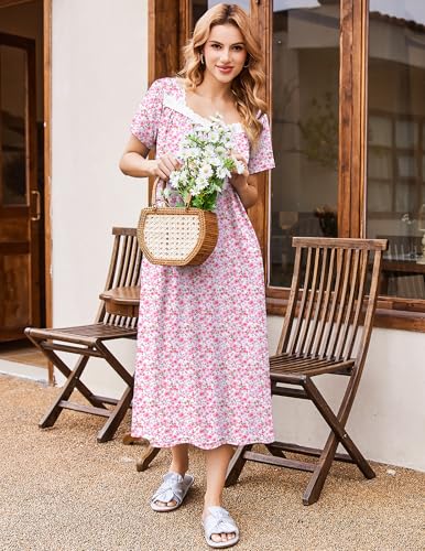 Image of Ekouaer Long Nightgowns for Women Short Sleeve House Dress with Pockets | Soft Vintage Victorian Sleepdress Moo Moo Nightgown Pleated Front Button Sleepwear Mumu Dress Loungwear Lace Nightdress