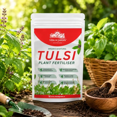 VIDA DE JARDIN Organic Fertilizer for Tulsi Plant | Plant Food for Holy Basil | Improves Soil Health, Root Growth & Leaf Development | Suitable for Indoor, Outdoor & Terrace Gardens | 900 Grams