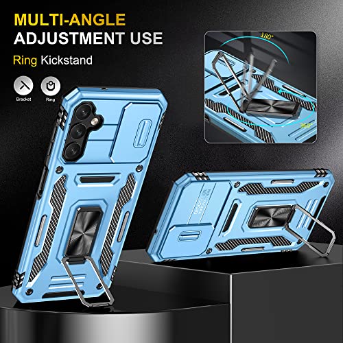 Image of Polycarbonate Slide Camera Cover with Ring Holder Mobile Phone Back Cover for Samsung Galaxy A14 4G /A14 5G (Blue)