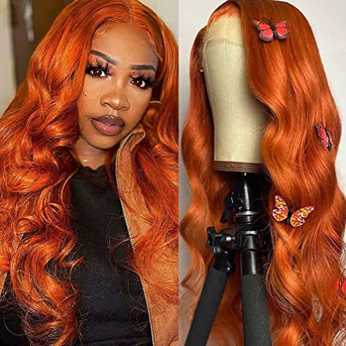 Image of 13X4 Orange Ginger Lace Front Wigs Human Hair Pre Plucked Body Wave Invisible Brazilian Colored Human Hair Wigs for Black Women HD Lace Frontal Wigs Human Hair 180% Density (24 Inches)