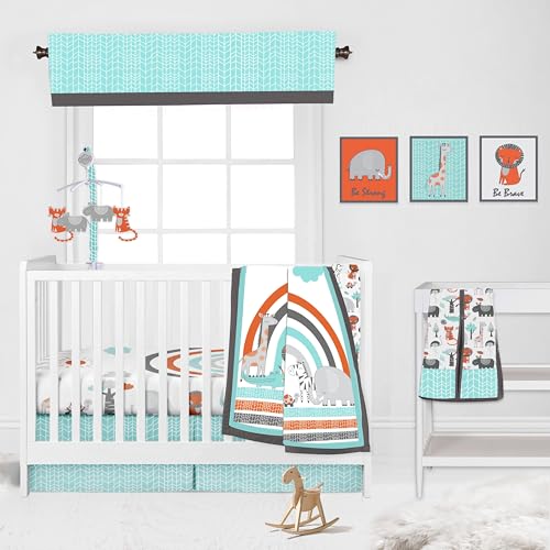 Bacati - Jungle Safari Aqua Orange Gray 10 Piece Cotton Crib Bedding Set with 2 Crib Fitted Sheets