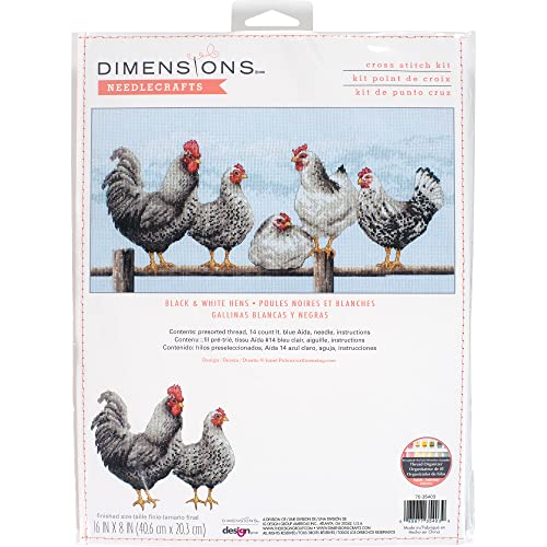 DIMENSIONS Black and White Hens Counted Cross Stitch Kit, 14 Ct. Light Blue Aida Cloth, Finished Project 16
