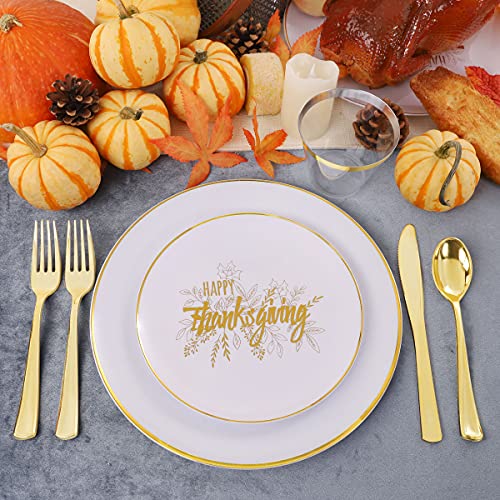 Bucla 150Pcs Gold Thanksgiving Plates With Disposable Plastic Silverware - White And Gold Plastic Dinnerware Including 25Dinner Plates, 25Dessert Plates, 25Forks, 25Knives, 25Spoons And 25Cups #TOP1