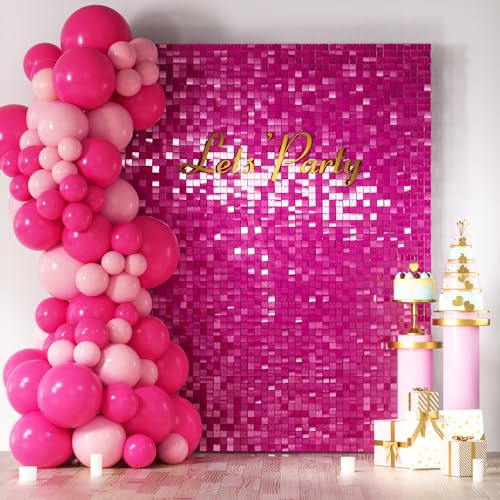 Image of COKAOBE Hot Pink Shimmer Wall Backdrop, 24PCS Square Sequin Shimmer Backdrop Panel, Photo Backdrops for Birthday, Anniversary, Wedding, Graduation & Bachelorette Party Decoration
