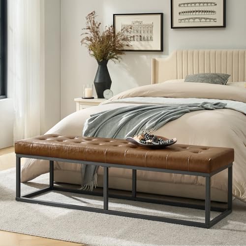 HULALA HOME 61" Faux Leather Bench with Metal Base, Upholstered Bedroom Bench for End of Bed, Button-Tufted Footstool for Entryway Living Room Dining Room, Camel