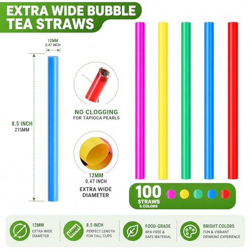 Image of ALINK 100 Extra Large Plastic Bubble Tea Smoothie Straws, 1 /2 inch Wide X 8 1 /2 inch Long Jumbo Boba Straws for Milkshakes, Milk Tea, Slush, Juice, Party (Pack of 3)
