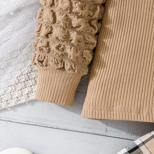 Image of Toddler Girls Christmas Outfits Girls Puff Sleeve Knit Ribbed Tops Button Down Vest Plaid Skirt Set Winter Clothes