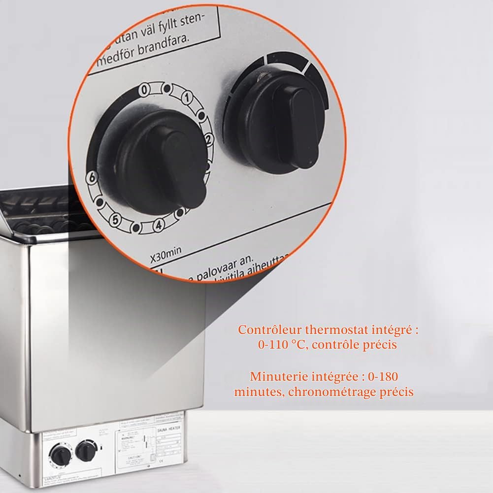 Poêle de Sauna 220V 3-9KW en Acier Inoxydable, Sauna Heater Sec avec Contrôleur Interne pour 2-13m³ Home Hotel Spa Douche Salle de Bains (Color : 6KW)