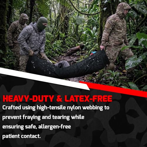 Image of MediTac Emergency Patient Transport Litter, Latex-Free Evacuation Sling with 10 Reinforced Handles, Durable Non-Woven Fabric, 750 lb Capacity, Compact Vacuum-Packed Design, Black, 6-Pack