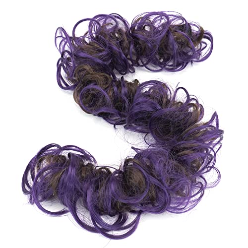 IMISSU Large Size Hairpiece Curly Messy Hair Bun Wrap Scrunchies Elastic Hair Band Donut Updo Chignon Hair Extension Piece for Women Girl (Brown Purple)