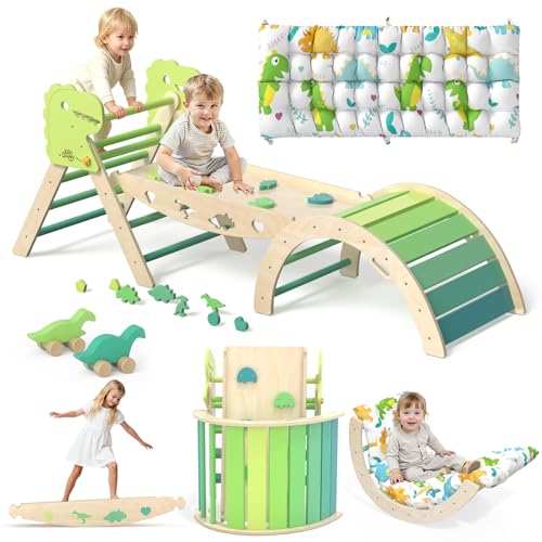 Image of KidsBuddy Pikler Triangle Set with Cushion 9 in 1 Climbing Toys for Toddlers 1-3 Indoor Baby Climbing Gym Toddler Montessori Toys Wooden Toy with Maze Toy, Shape Sorter, Dinosaur Car