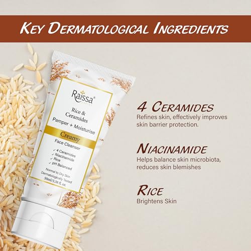 Image of Raissa Rice & Ceramides Face Wash for Normal to Dry Skin, 50ml | Brightening Cleanser with 4 Ceramides, Niacinamide & Rice Extract