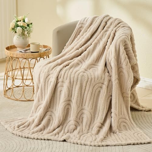 Wajade Fleece Throw Blanket, Fluffy Faux Fur Blanket for Bed Sofa Couch, Soft Warm Thick Blanket,Linen 127x178