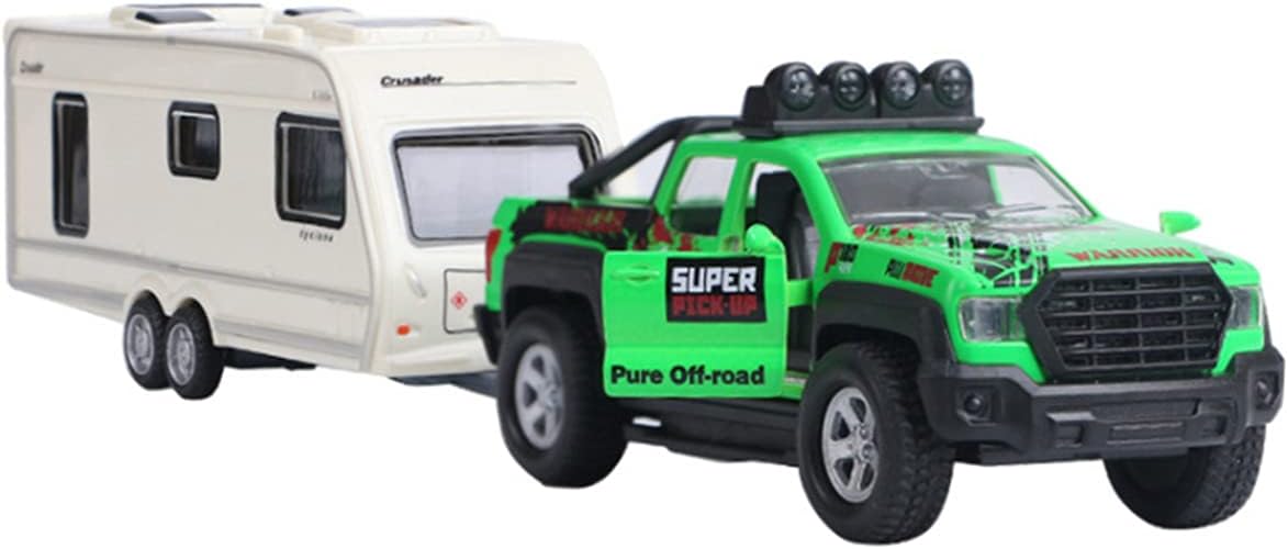 Pickup Truck Trailer Towing Toy Camper 2 in 1 Playset RV Motorhome Toys for Boys Diecast Model Car Metal Pull Back Toy Cars 1/36 Scale SUV Doors Open Light Sound Kids Birthday Gifts, Green