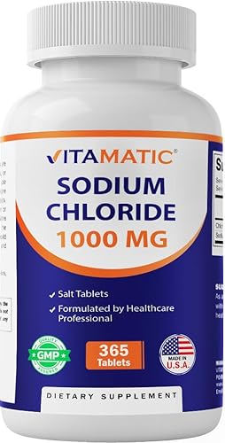 Vitamatic Cloruro de sodio 1000 mg - 365 tabletas de reabastecimiento de electrolitos y soporte de hidratación - Sin OMG, sin gluten
