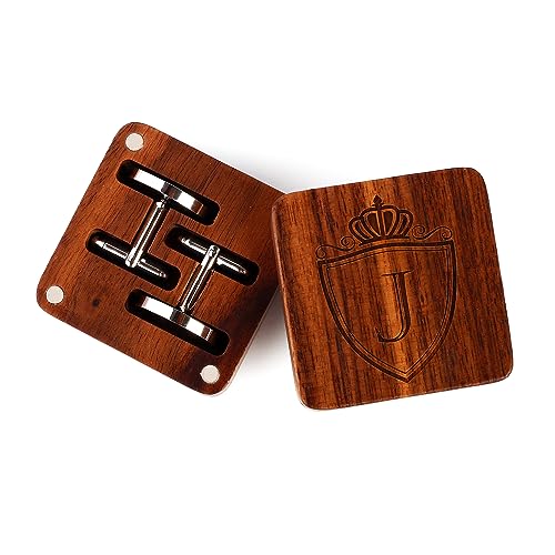 Image of Mens Initial Silver Cufflinks A-Z Alphabet Letter Steel Cuff Links with Engraved Walnut Wood Box Groom Groomsman Wedding Set