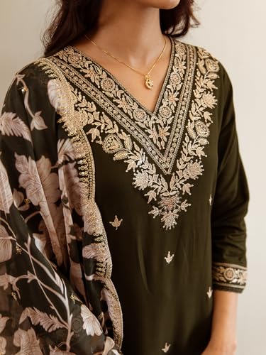 Image of INDO ERA Women's Embroidered Viscose Rayon Kurta & Pant With Dupatta Set