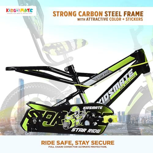 Image of Kidsmate Star Ride 16T Kids Bicycle with Training Wheels | Cycle for Kids Featuring Front Basket, Adjustable Seat & Strong Steel Frame | Perfect First Ride Kids Cycle for 5-8 Years - Neon Green