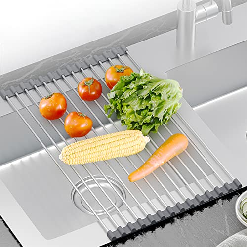 Simplekitchen Roll Up Dish Drying Rack, Over The Sink Dish Drying Rack Kitchen Rolling Dish Drainer, Foldable Sink Rack Mat Stainless Steel Wire Dish Drying Rack For Kitchen Sink Counter (Gray) #TOP1
