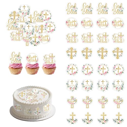 56 PCS Edible Pink God Bless Cupcake Toppers Cross Cupcake Toppers Girl Baby Shower Cake Topper Decorations for Christian Theme Decorations Supplies