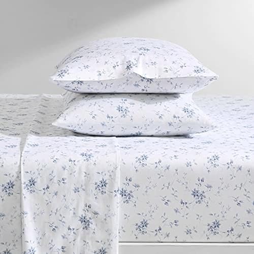 Miniatura 7 de Laura Ashley Home Juego de ropa de cama tamaño Queen de satén de algodón suave, 4 piezas, elegante y transpirable para decoración del hogar, azul