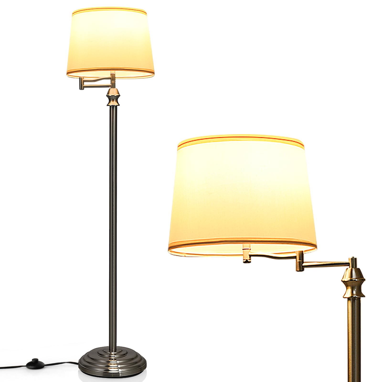 HOMASIS Lampada da Terra, Lampada da Piantana, Lampada Girevole ed Estensibile con Paralume Beige in Tessuto e Base Stabile in Ferro, Senza Lampadina, E27,40W, per Salotto, Studio, 28,5 x 152 cm
