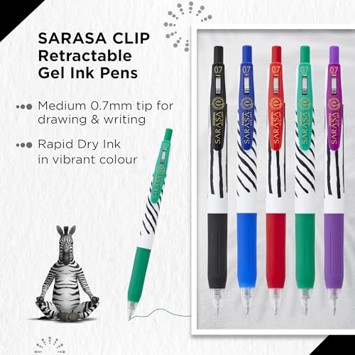 Zebra SARASA CLIP Stripes Gel Pens 5pk - Retractable Coloured Pens with 0.7mm Nib, Smudge Proof, Rapid Dry Ink, Comfort Grip & Push Clip, Water Resistant, Assorted Colours - Image 5