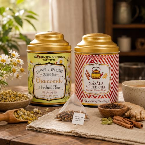 Image of Sancha Tea Boutique, Tea Combo Pack: Chamomile Flower, 50g Caffeine Free Herbal Tisane & Masala Chai (25 Pyramid Bags), Real Spice Blend Chai