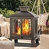 45 h31w metal chiminea fire pit with grill wood burning fire pits for outsidesquare chimineas fireplace with mesh spark screen door fire poker for gardenyardbbqbonfire  urban country home decor