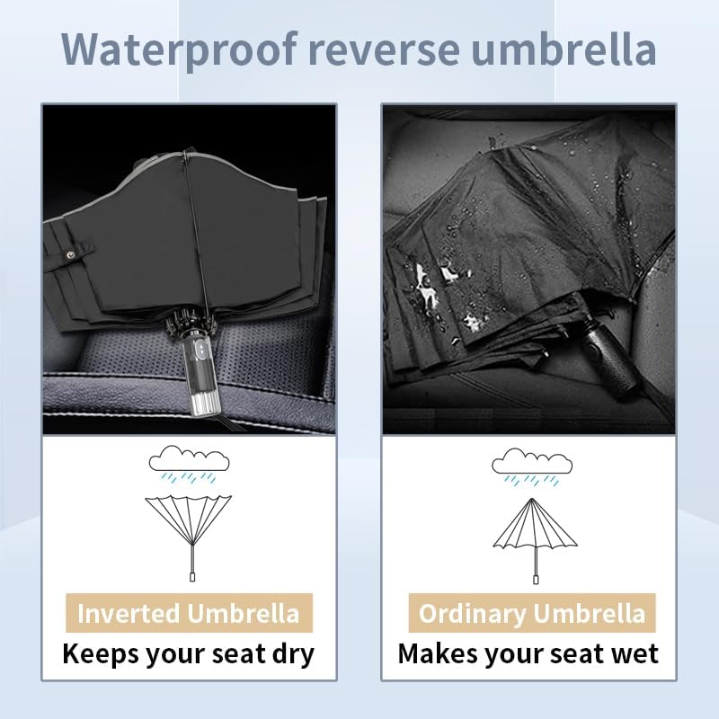 RUMBRELLA Inverted Folding Umbrella for Rain, 50 Inch Anti-UV Protection Automatic Car Travel Umbrella with Safety Reflective Strip