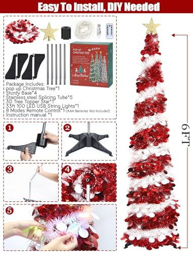 Hmasyo 6 Ft Pop Up Tinsel Christmas Tree With 100 Multicolor Timer Lights & Remote, Red White Collapsible Artificial Pencil Tree Xmas Decoration For Home, Office, Party, Usb Powered, Easy Assembly thumb #7