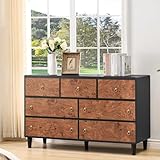 Wide 6-Drawer Wood Dresser, Curved Farmhouse Chest of Drawers with Metal Handles, Rustic Oak TV Stand for 60-Inch TV, Multifunctional Storage Organizer Cabinet for Bedroom, Living Room, Hallway