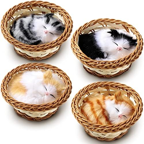 Civaner 4 Pcs Sleeping Cat in Basket Doll Toy Lovely Mini Kitten in Woven Basket Realistic Fake Cat Fluffy Hand Toy Gift Plush Stuffed Cat Toy Decor with Meows Sounds for Office Desk Boys Girls
