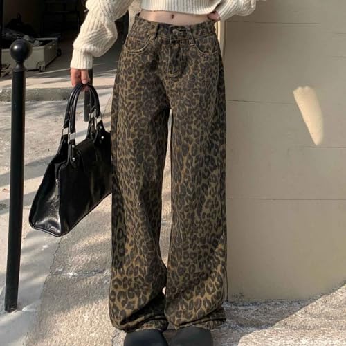 Leopard Print Jeans for Women Y2k Trendy Streetwear Cheetah High Waisted Wide Leg Denim Pant Various Style and Plus Size4