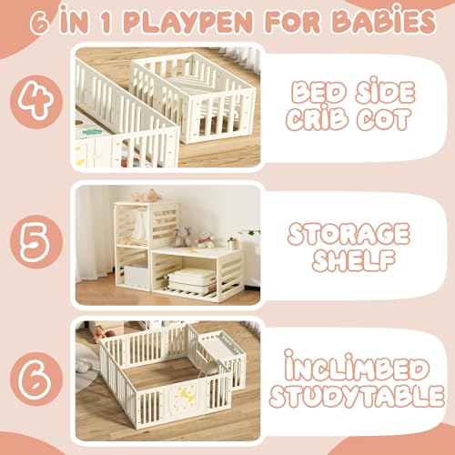 Image of Playpen for Babies upto 5 year Baby Play Area Indoor Setup Foldable Play Yard Fence for Toddlers Kids Playarea Setup Outdoor Children Play Area with Gate, Balls, Basketball Stand, mat, drawing board sketch (Beige, 14 Panel)
