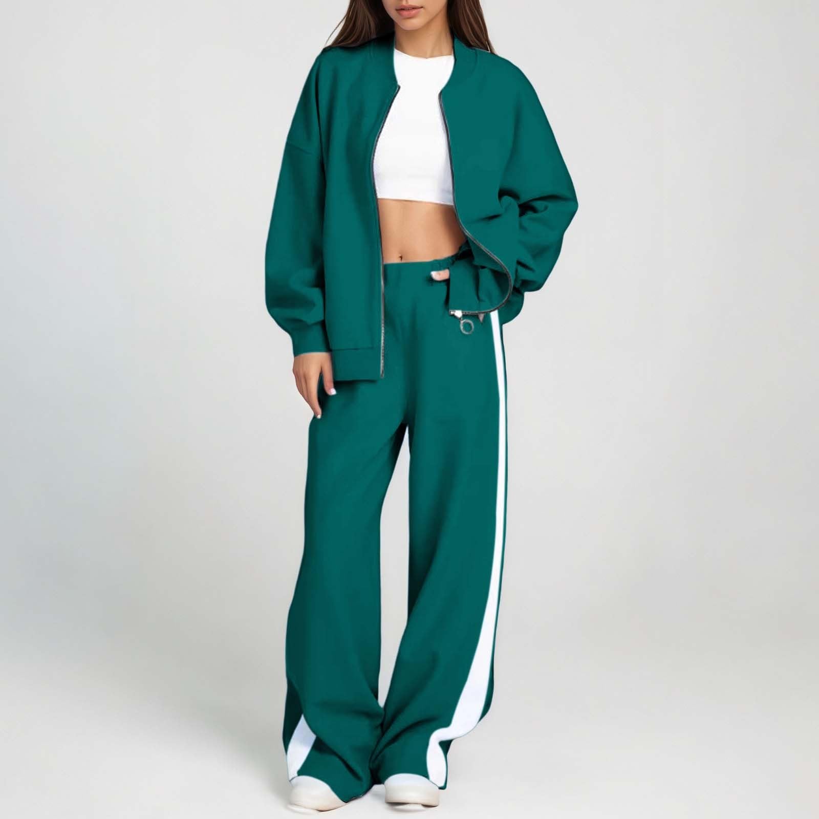 Generico Giacca Donna Scollo Tondo Felpa Pantaloni Dritti Moderno Confortevole Capospalla Giubbino Casual (Dark Verde, S)
