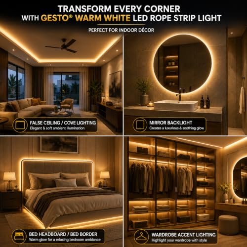 Image of Gesto 5 Meter Warm White LED Rope Strip Light | 120 LEDs /Mtr IP65 Waterproof Indoor & Outdoor Lights for Balcony, Home Decor & Cove Light for False Ceiling | Cuttable Every 1M for Diwali Decoration