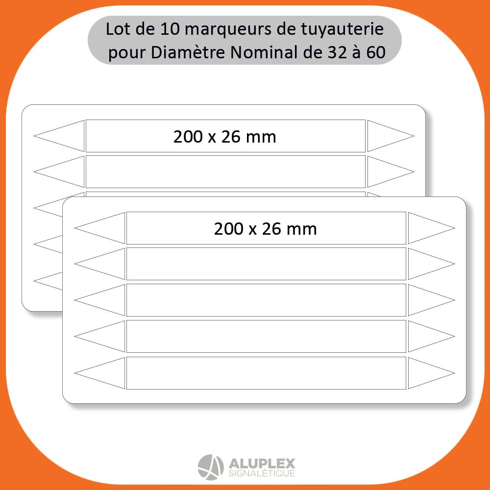 Planche de 10 marqueurs de tuyauterie ACIDE (Ø DM 32 à 60) pour fluide ACIDE / 200 x 26mm
