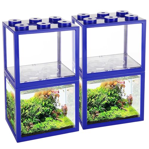 Image of QTLCOHD 4 Pack Small Betta Fish Tank, 0.6 Gallon Mini Aquarium Tank | Blue Stackable Fish Bowl, Acrylic Tiny Cube Tank for Beta Fish Sea Monkeys Shrimp Snails