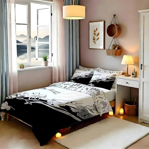 Housse de couette 240x220 cm avec 2 taies motif fleur noire