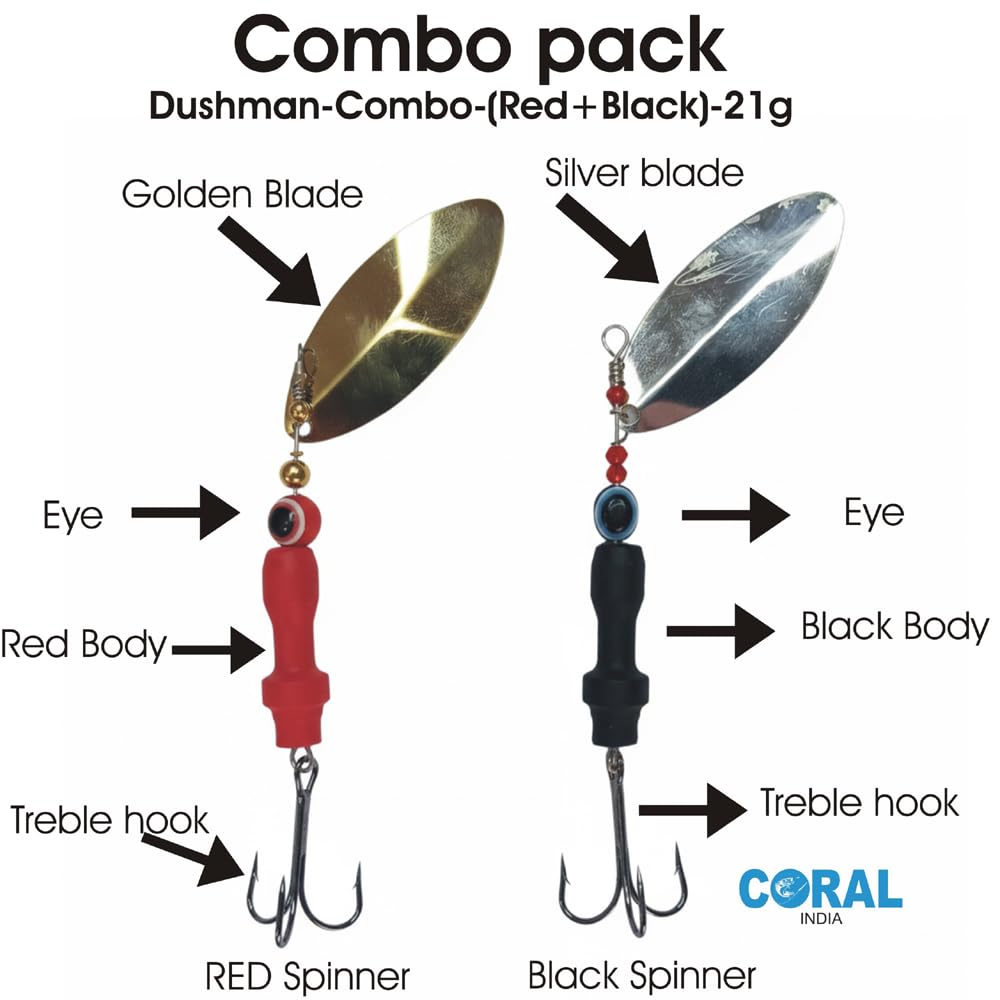 The Secret to Big Catches: Coral India Dushman 21g Heavy Spinner Set | Red-Black Double Combo | Brass Body, Sharp Treble Hook | Designed for Successful Fishing 2
