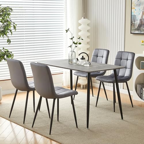 Moderno juego de mesa de comedor gris con sillas de terciopelo, mesa de cocina rectangular y efecto hormigón, juego para 4 muebles elegantes y contemporáneos para comedor