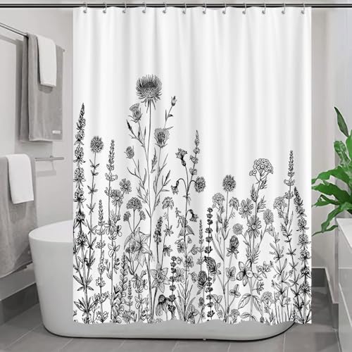 GOAOK Vintage Boho Shower Curtain Black and White Theme, Floral Aesthetic Dark Wildflower Botanical Flowers Shower Curtain for Bathroom with Hook, Farmhouse Plant Art Chic Shower Curtain 60X72