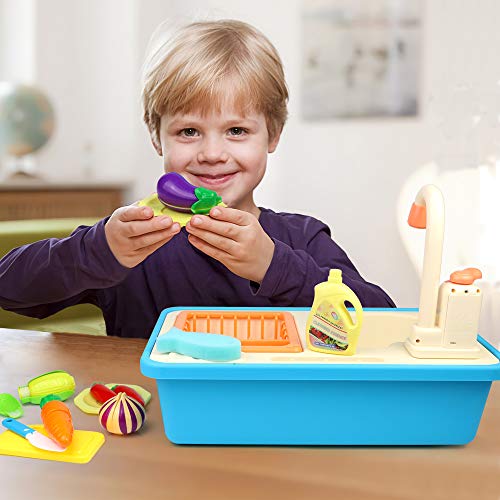 Fajiabao Kitchen Sink Toy with Running Water Play Fruits Vegetables Cutting Games Pretend Play Preschool Toys Indoor Outdoor Activities Food Kits Boys Girls Kids Holiday Birthday Gift 3 4 5 Years Old