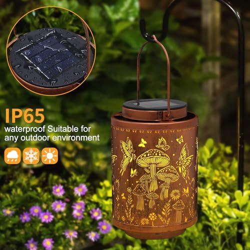 Image of 2 Pack Solar Lanterns Outdoor Waterproof Garden Decor Gifts for Women Mon Grandma Metal Hanging Solar Lights Decoration for Outside LED Lanterns for Yard Patio Lawn(Mushroom)