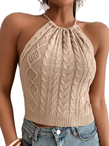 Verdusa Women's Lace Up Tied Backless Cable Knit Sleeveless Halter Crop Top Apricot L #TOP23
